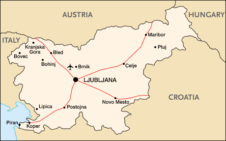 Ljublajan lentokenttä ja Slovenian kartta